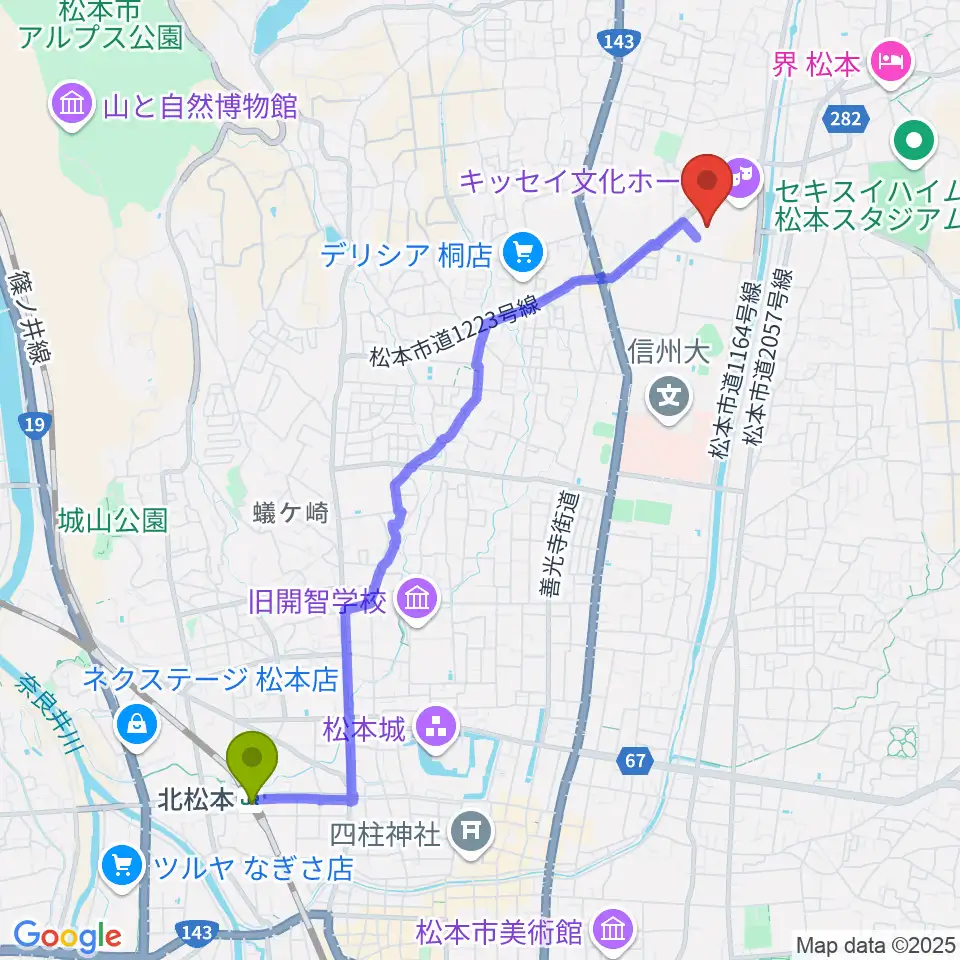 エア・ウォーターアリーナ松本の最寄駅北松本駅からの徒歩ルート（約47分）地図