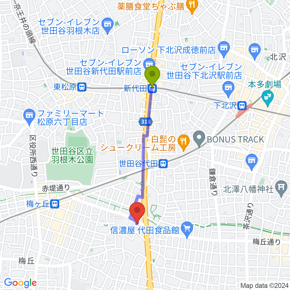 新代田駅からbig turtle STUDIOSへのルートマップ地図