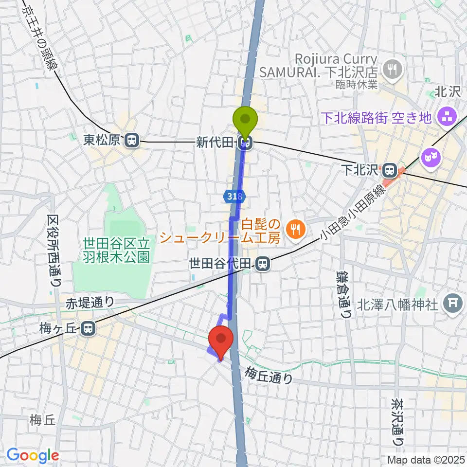 新代田駅からbig turtle STUDIOSへのルートマップ地図