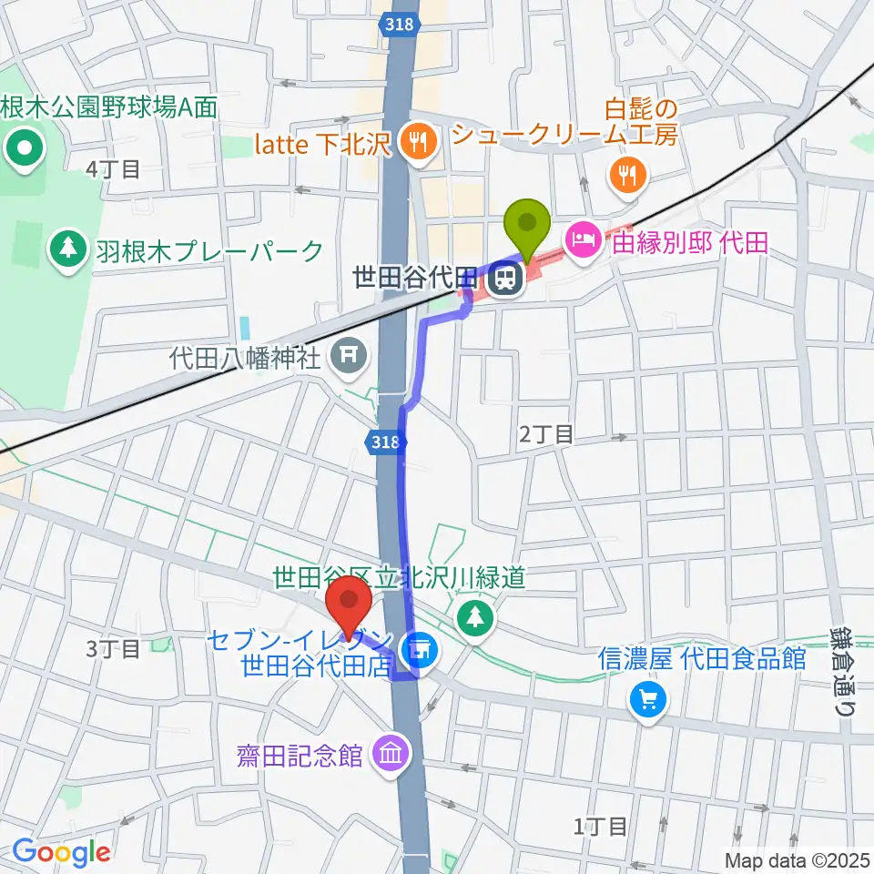 big turtle STUDIOSの最寄駅世田谷代田駅からの徒歩ルート（約7分）地図