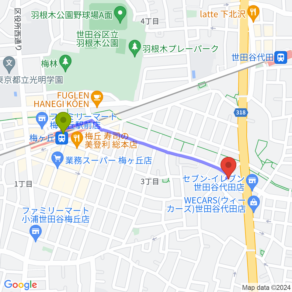 梅ヶ丘駅からbig turtle STUDIOSへのルートマップ地図