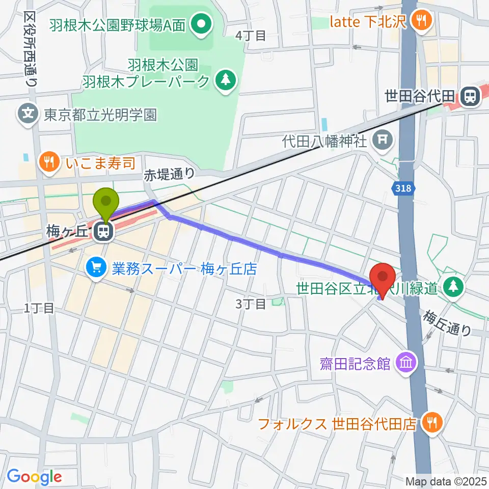 梅ヶ丘駅からbig turtle STUDIOSへのルートマップ地図