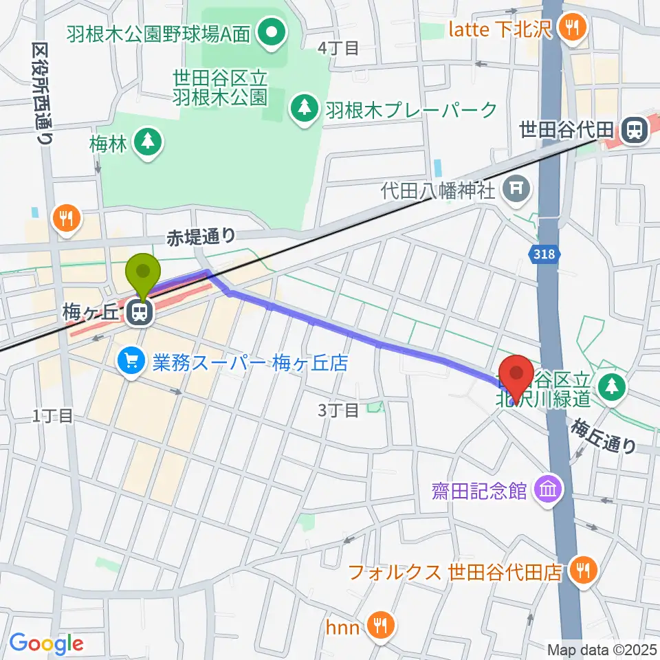 梅ヶ丘駅からbig turtle STUDIOSへのルートマップ地図
