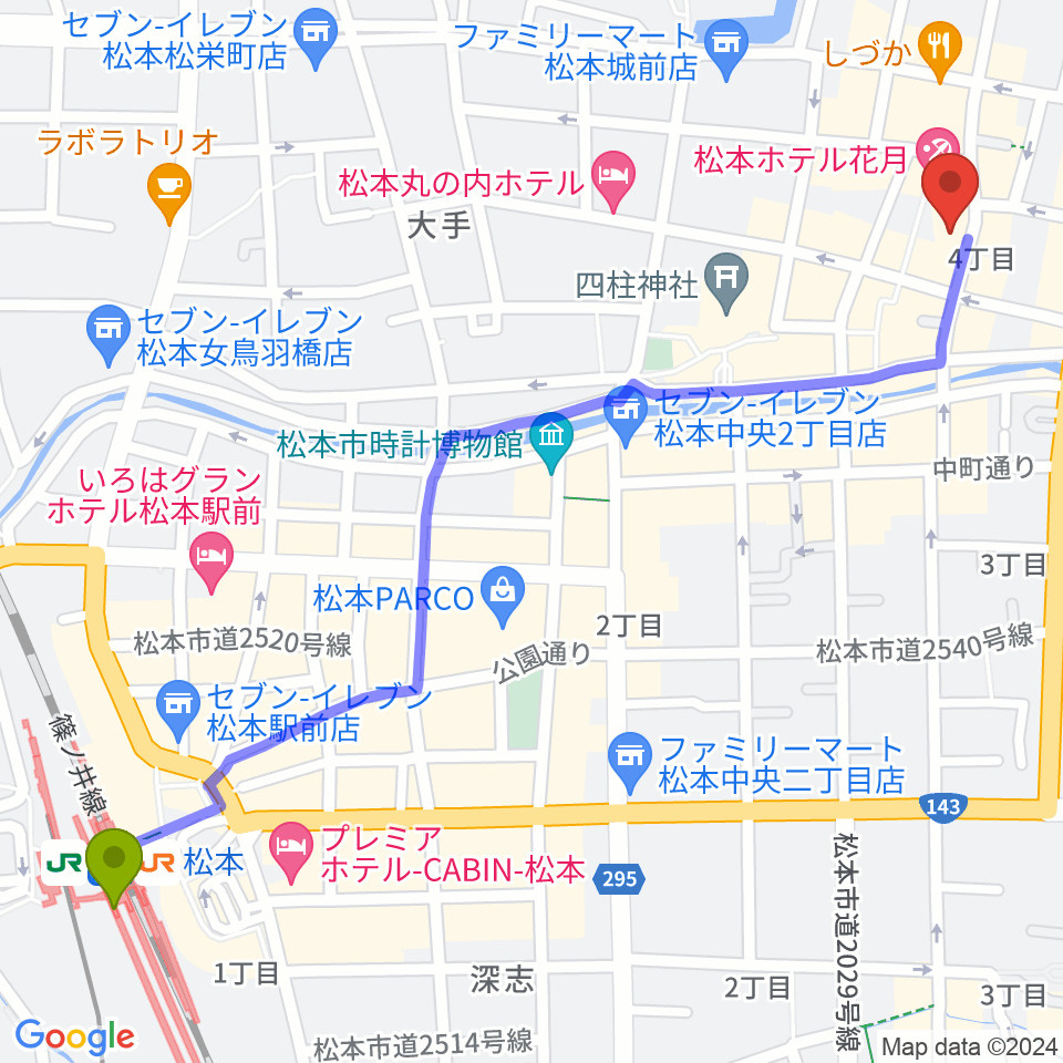 上土ふれあいホールの最寄駅松本駅からの徒歩ルート（約16分）地図