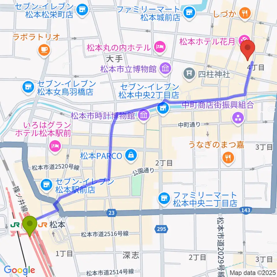 上土ふれあいホールの最寄駅松本駅からの徒歩ルート（約16分）地図