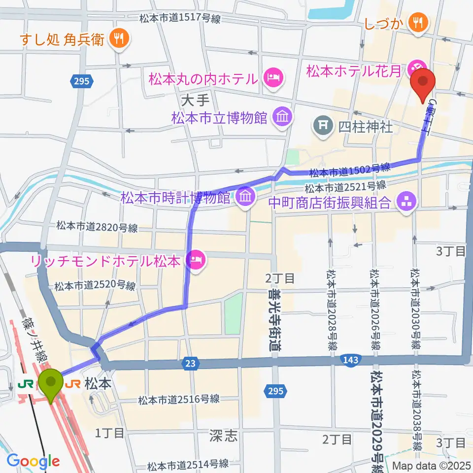 上土ふれあいホールの最寄駅松本駅からの徒歩ルート（約16分）地図