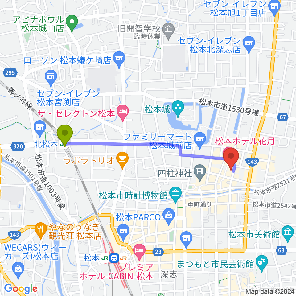 北松本駅から上土ふれあいホールへのルートマップ地図