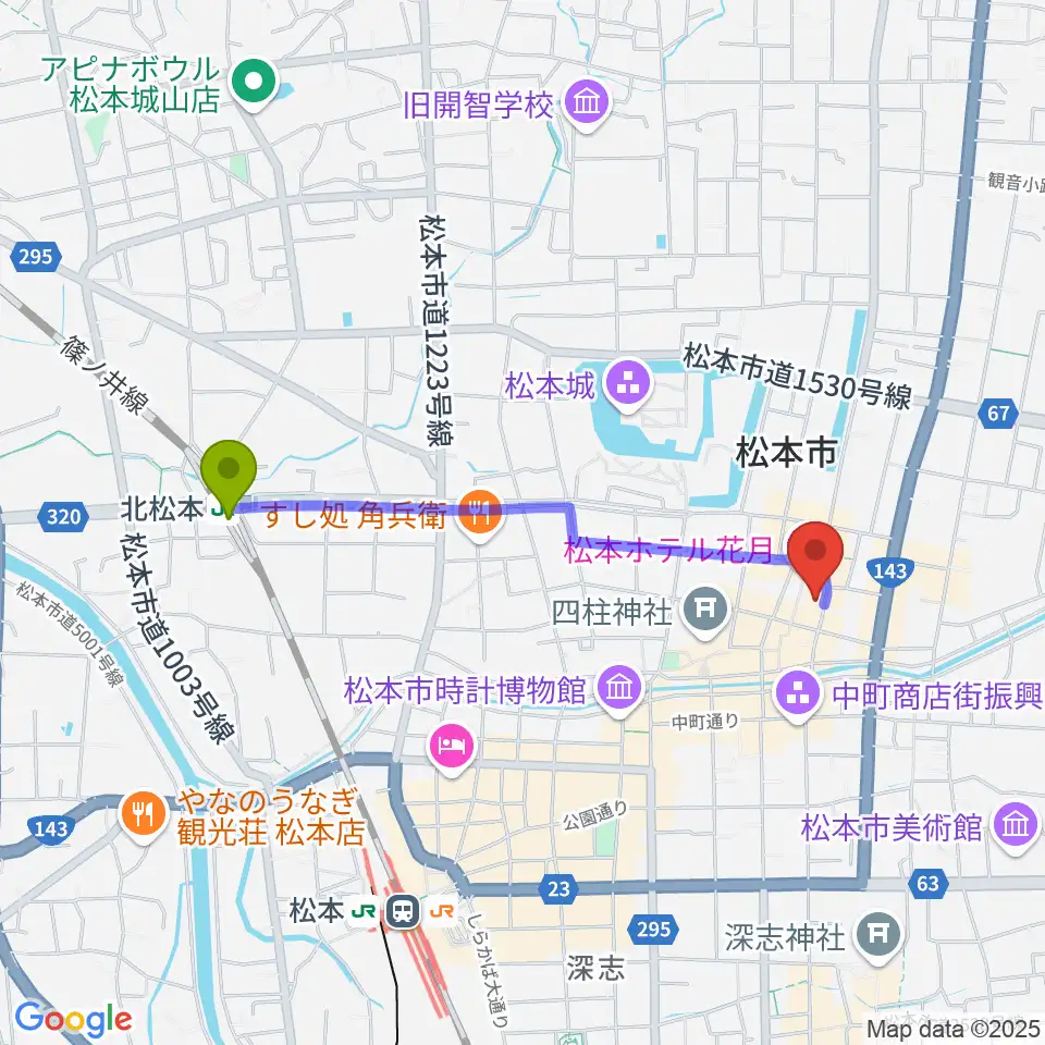 北松本駅から上土ふれあいホールへのルートマップ地図