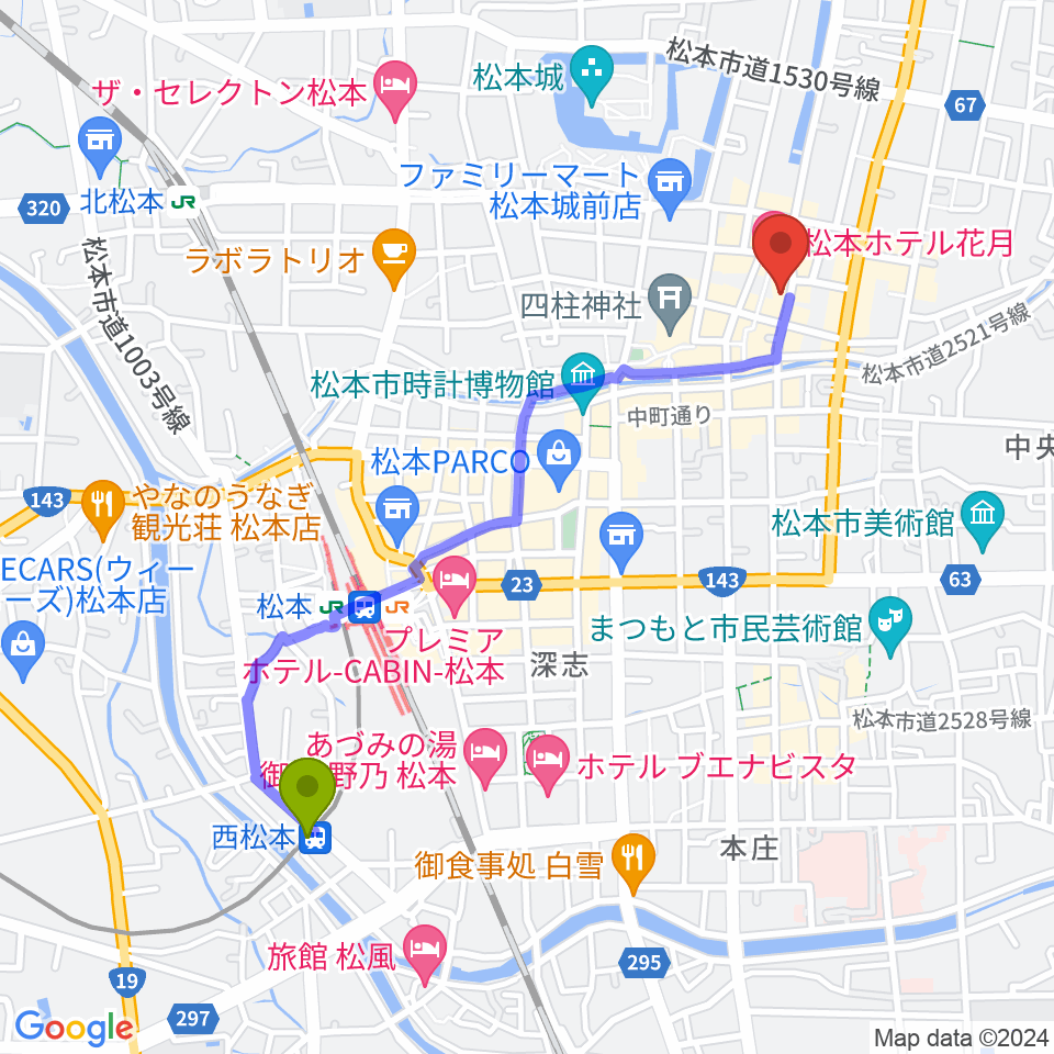 西松本駅から上土ふれあいホールへのルートマップ地図