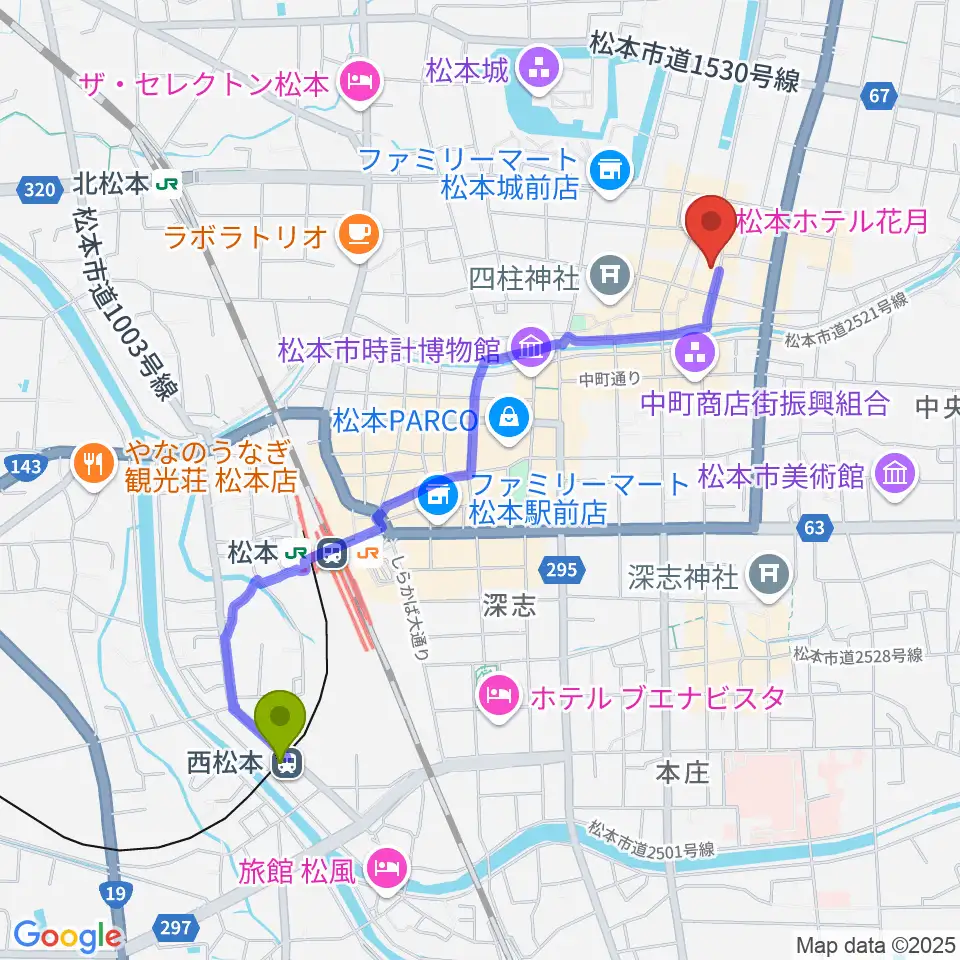 西松本駅から上土ふれあいホールへのルートマップ地図