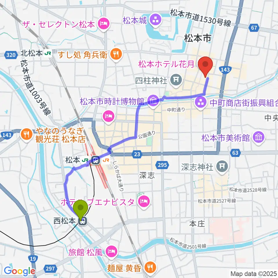 西松本駅から上土ふれあいホールへのルートマップ地図