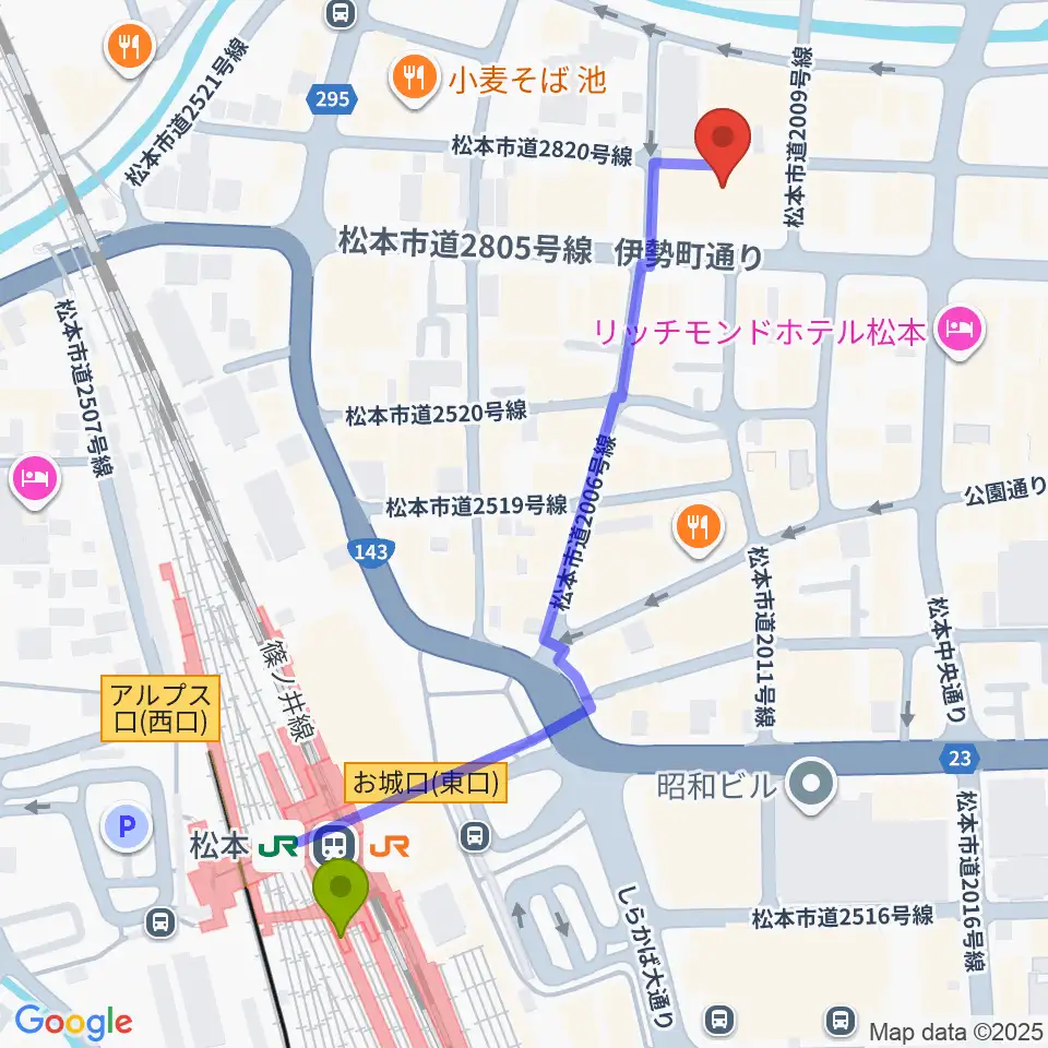 松本市中央公民館・Ｍウイングの最寄駅松本駅からの徒歩ルート（約6分）地図