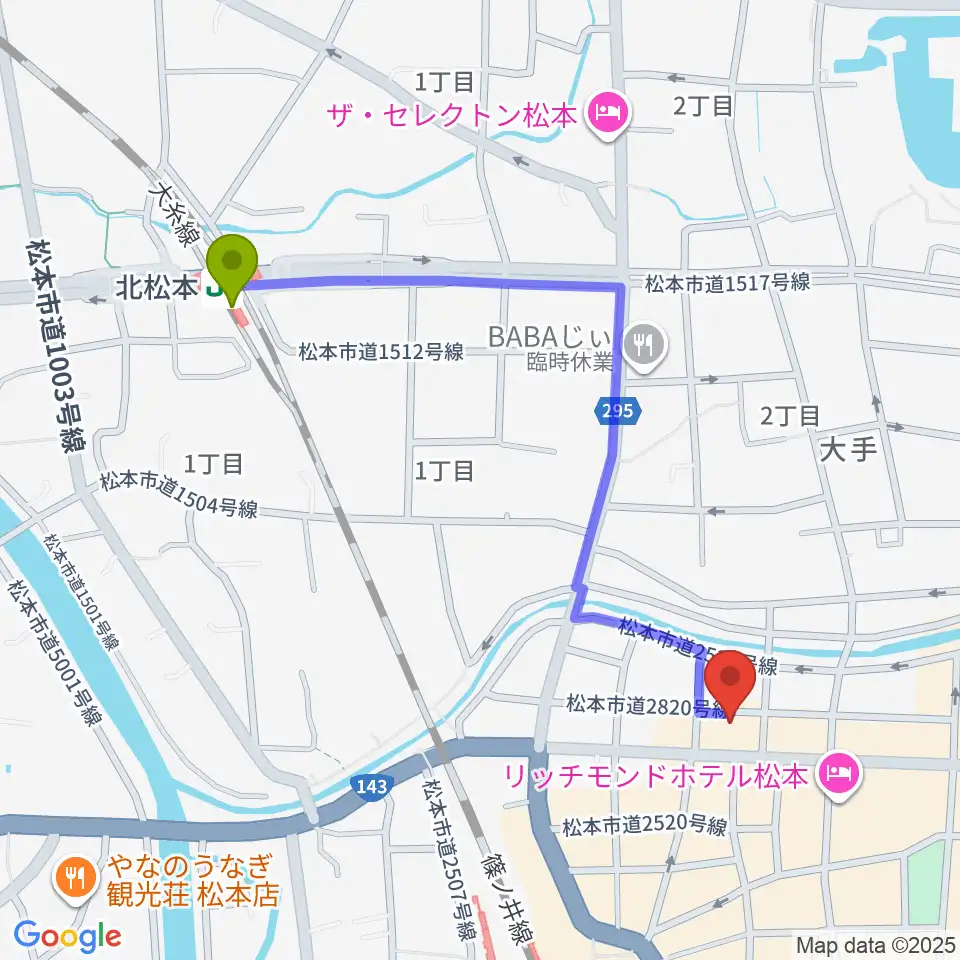 北松本駅から松本市中央公民館・Ｍウイングへのルートマップ地図