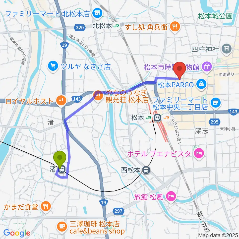 渚駅から松本市中央公民館・Ｍウイングへのルートマップ地図