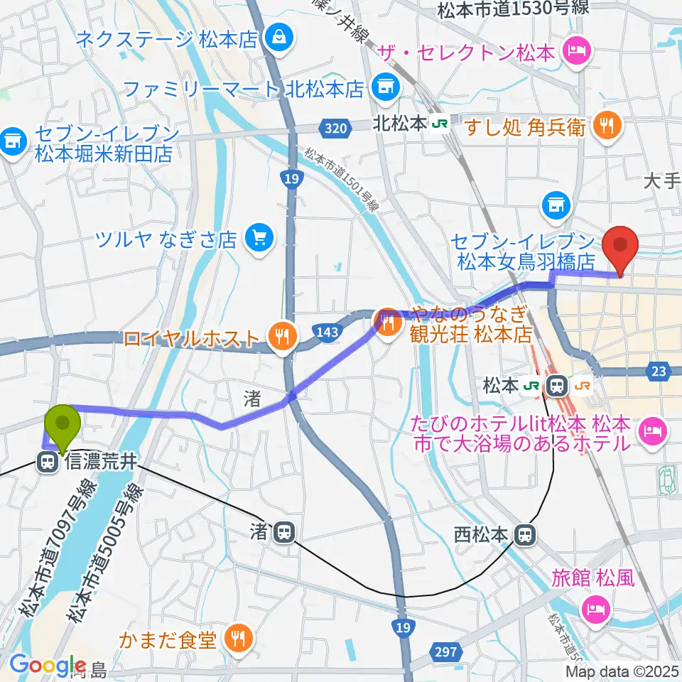 信濃荒井駅から松本市中央公民館・Ｍウイングへのルートマップ地図