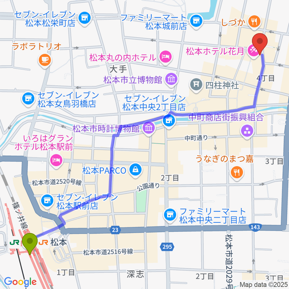 松本市下町会館の最寄駅松本駅からの徒歩ルート（約16分）地図