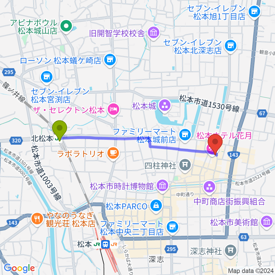 北松本駅から松本市下町会館へのルートマップ地図