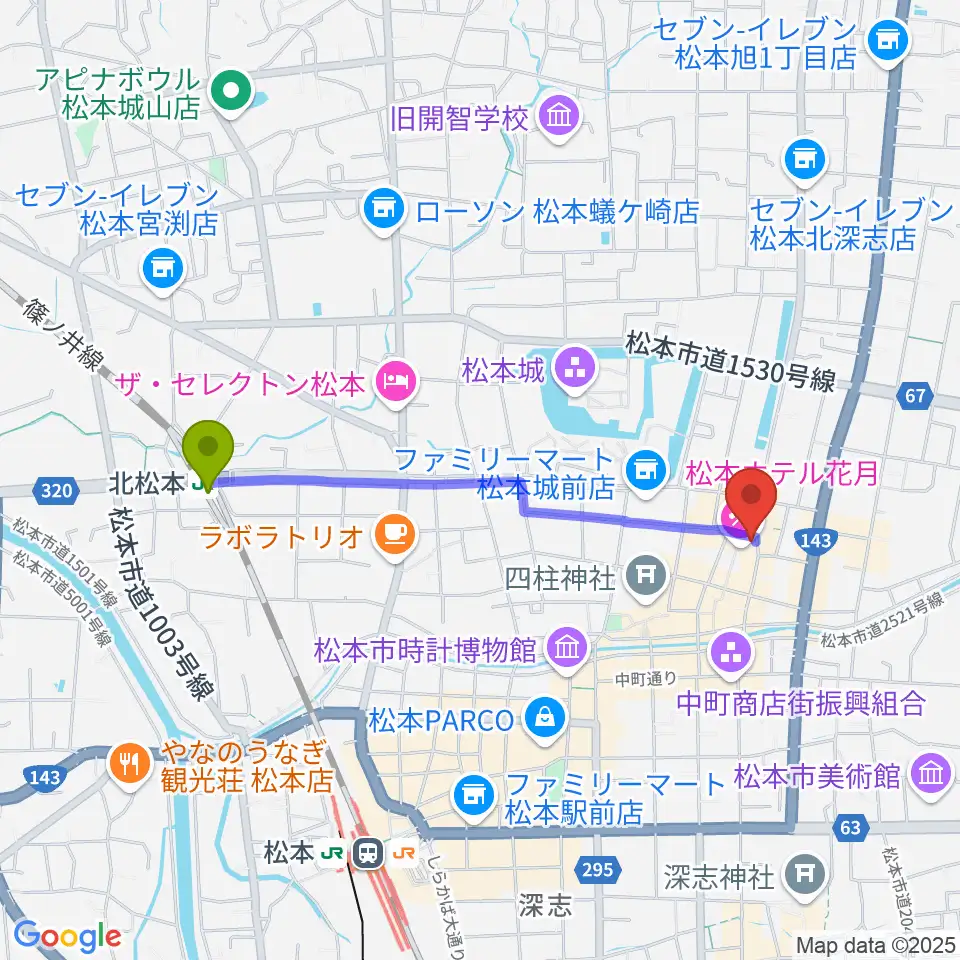 北松本駅から松本市下町会館へのルートマップ地図