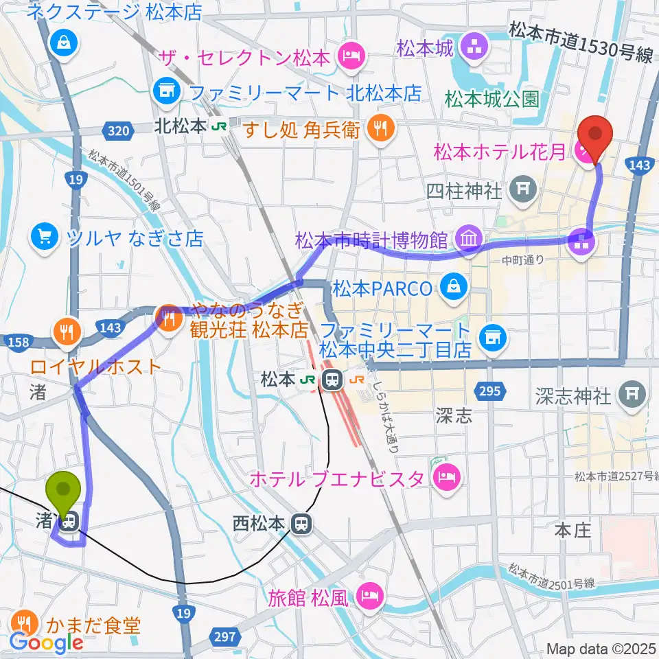 渚駅から松本市下町会館へのルートマップ地図