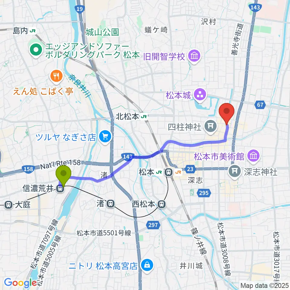 信濃荒井駅から松本市下町会館へのルートマップ地図