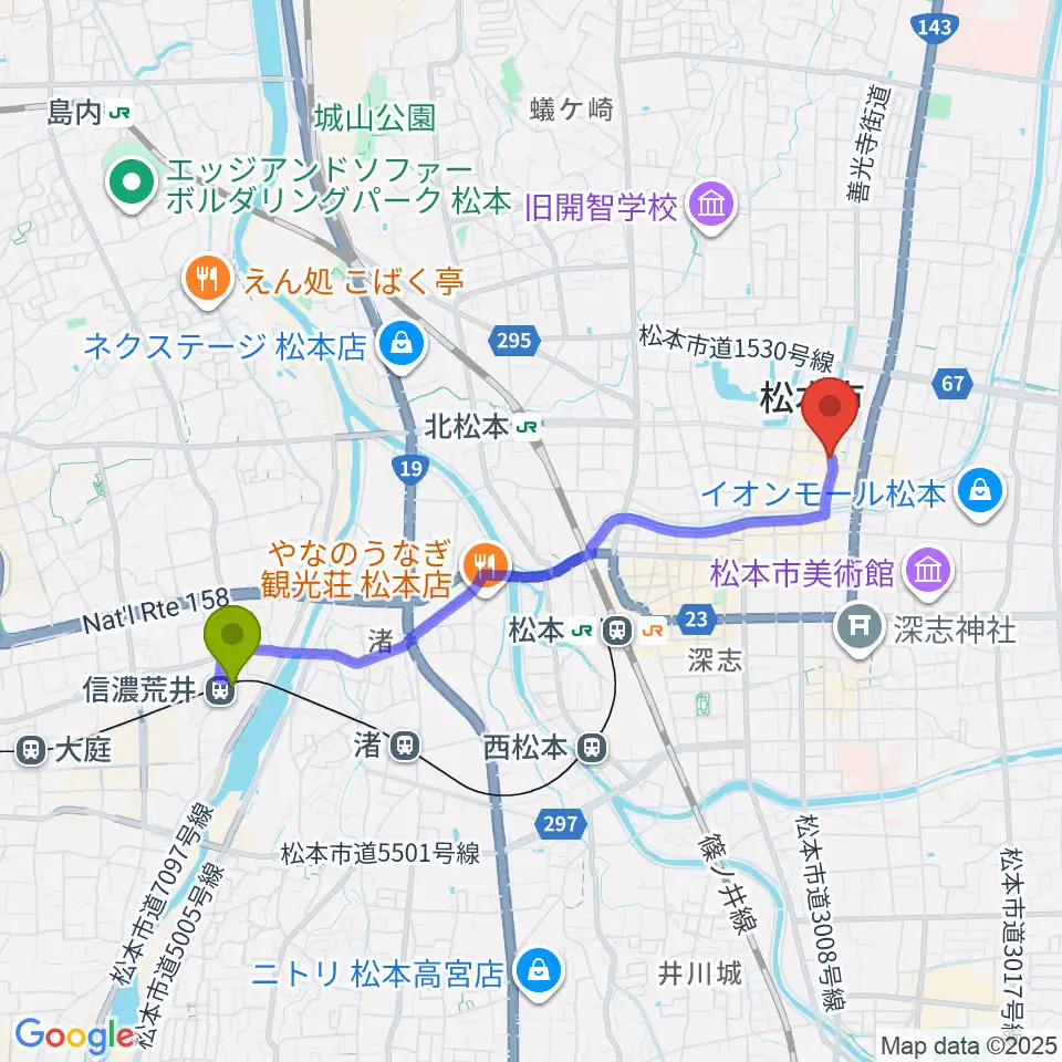 信濃荒井駅から松本市下町会館へのルートマップ地図