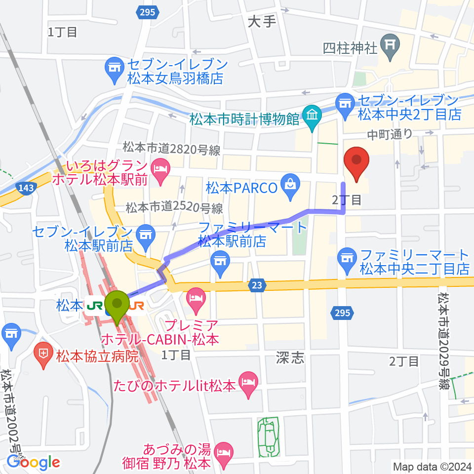 信毎メディアガーデンの最寄駅松本駅からの徒歩ルート（約9分）地図