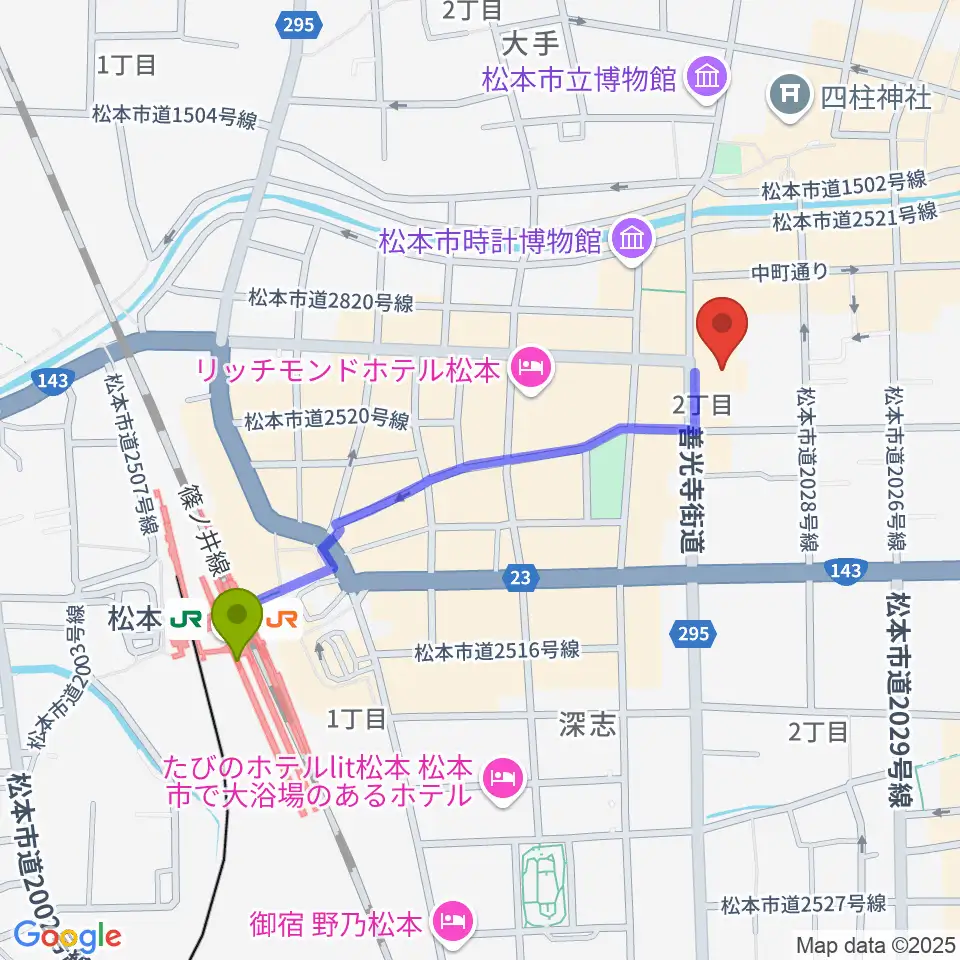 信毎メディアガーデンの最寄駅松本駅からの徒歩ルート（約9分）地図