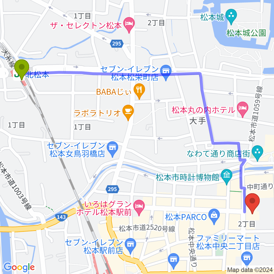 北松本駅から信毎メディアガーデンへのルートマップ地図