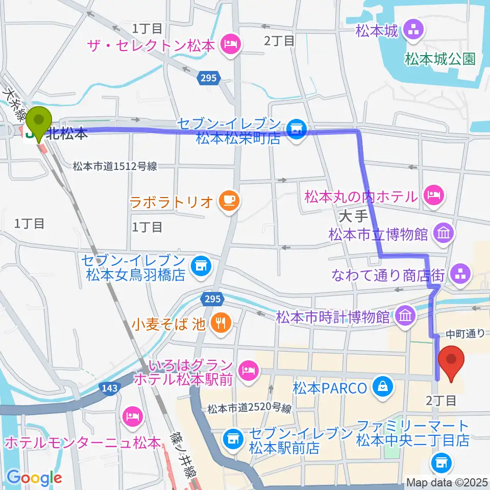 北松本駅から信毎メディアガーデンへのルートマップ地図