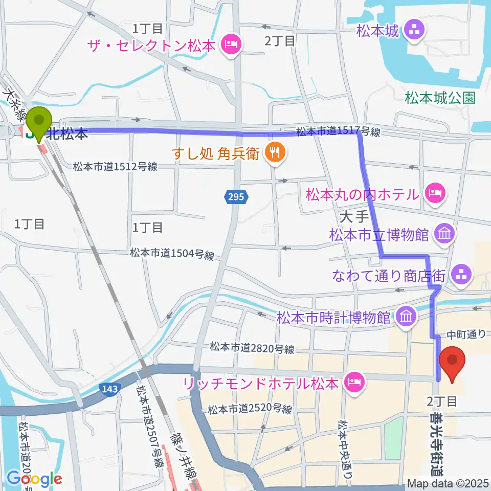 北松本駅から信毎メディアガーデンへのルートマップ地図