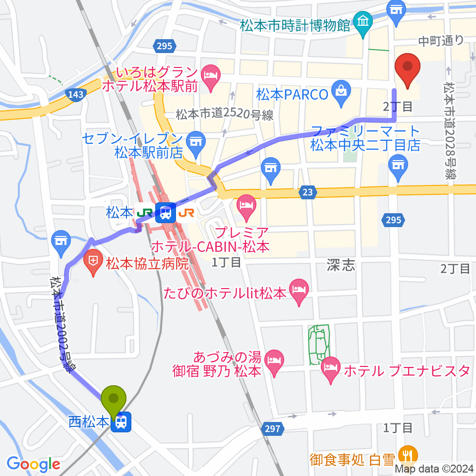 西松本駅から信毎メディアガーデンへのルートマップ地図