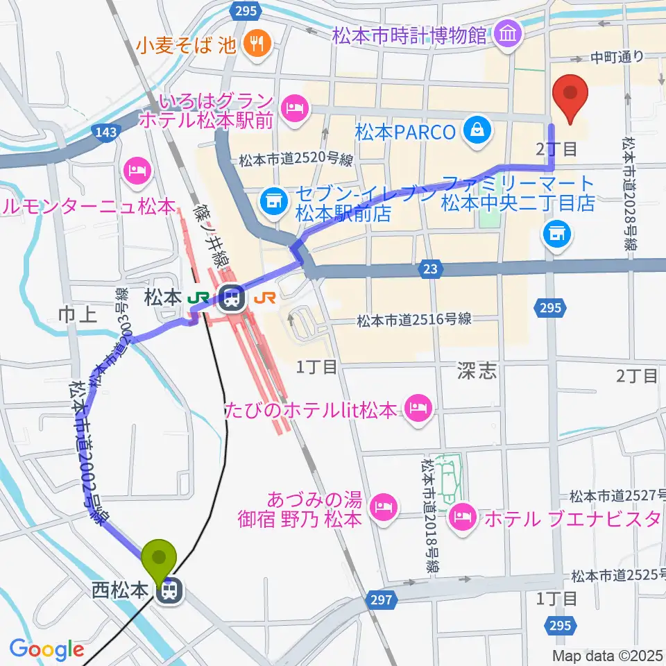 西松本駅から信毎メディアガーデンへのルートマップ地図