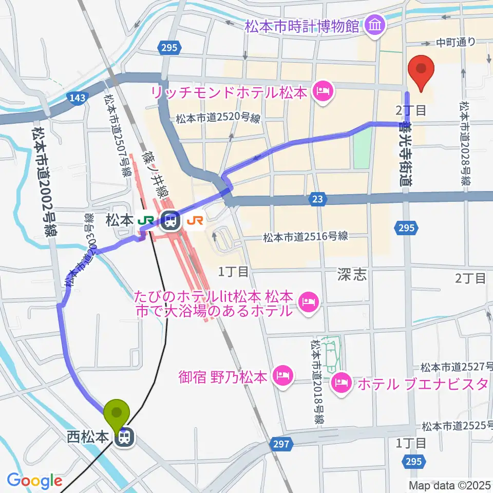 西松本駅から信毎メディアガーデンへのルートマップ地図