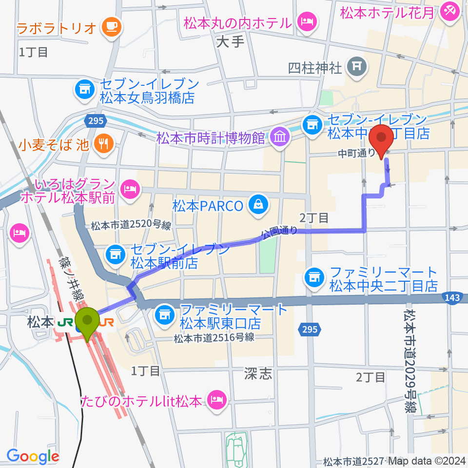 音楽社の最寄駅松本駅からの徒歩ルート（約11分）地図