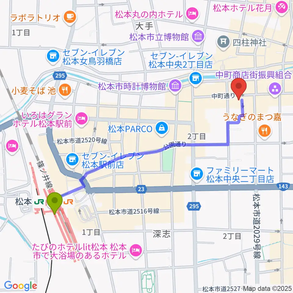 音楽社の最寄駅松本駅からの徒歩ルート（約11分）地図