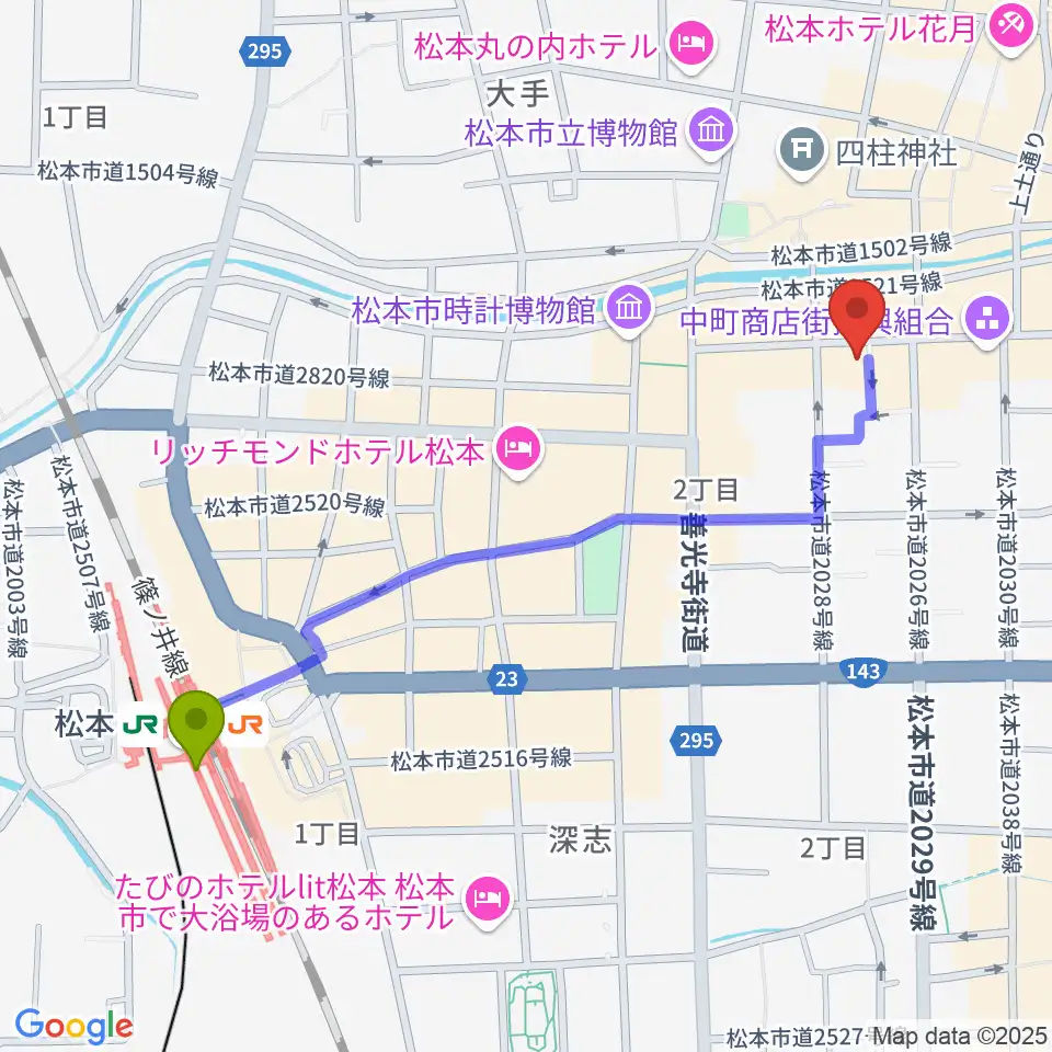 音楽社の最寄駅松本駅からの徒歩ルート（約11分）地図