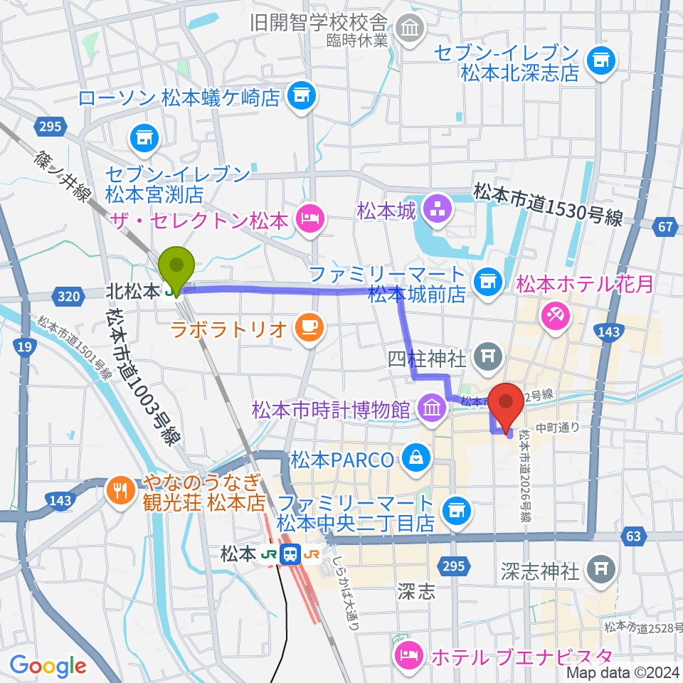 北松本駅から音楽社へのルートマップ地図