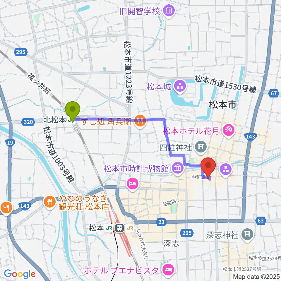 北松本駅から音楽社へのルートマップ地図