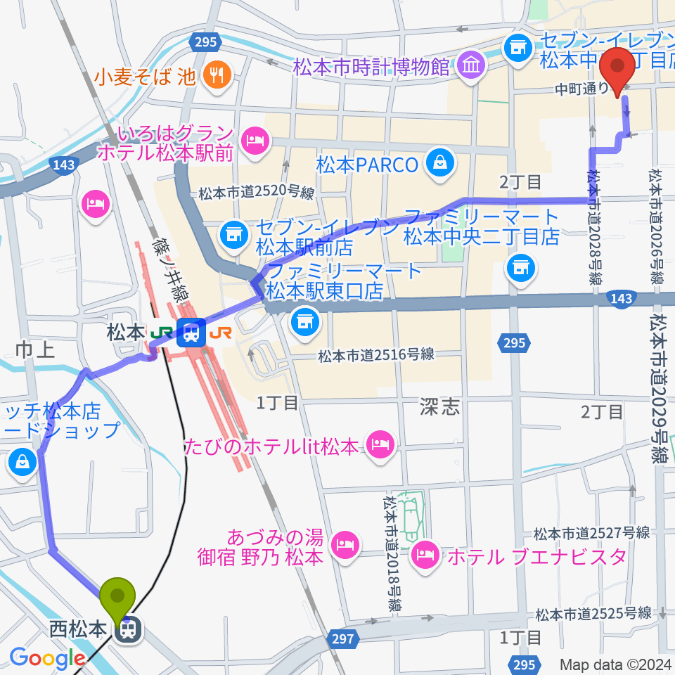 西松本駅から音楽社へのルートマップ地図