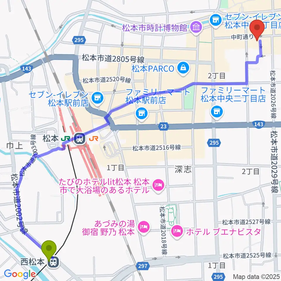 西松本駅から音楽社へのルートマップ地図