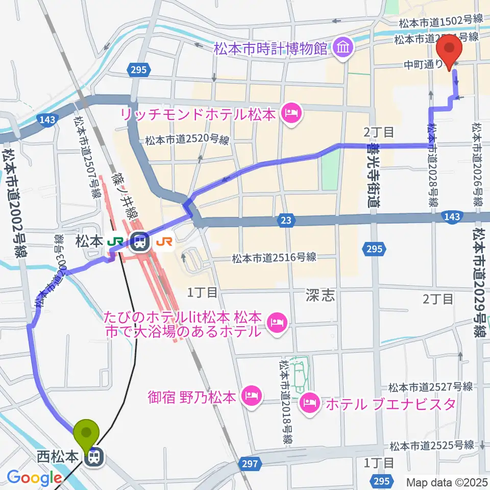 西松本駅から音楽社へのルートマップ地図