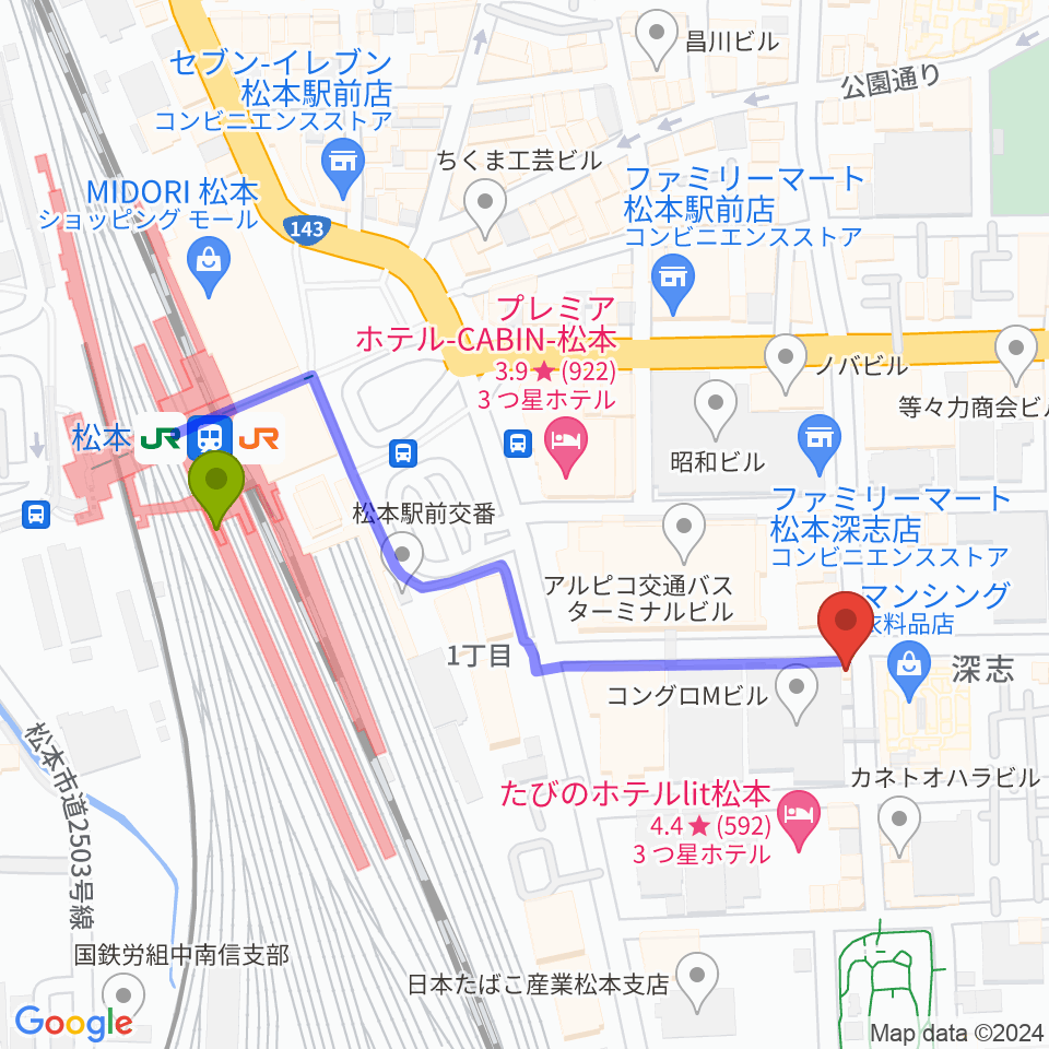 中村ギター音楽院の最寄駅松本駅からの徒歩ルート（約5分）地図