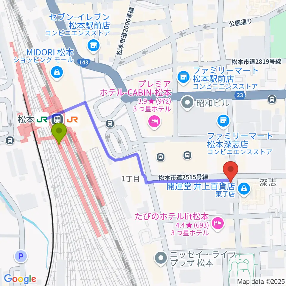 中村ギター音楽院の最寄駅松本駅からの徒歩ルート（約5分）地図