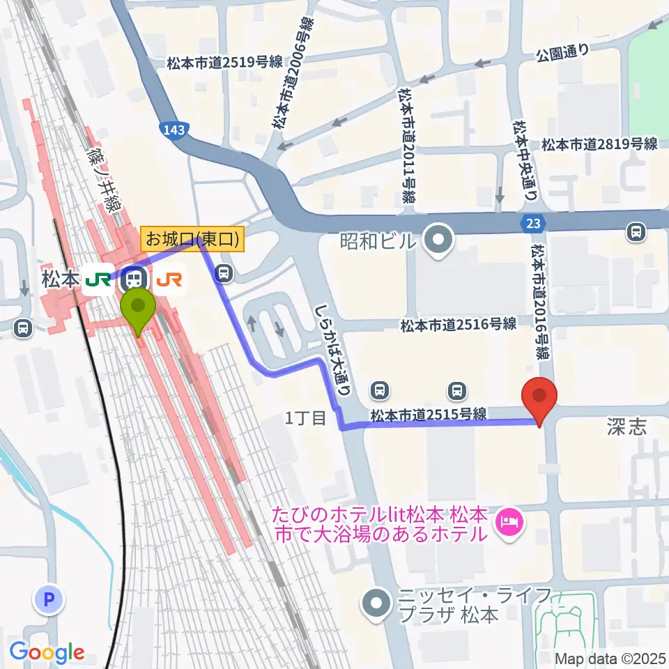 中村ギター音楽院の最寄駅松本駅からの徒歩ルート（約5分）地図