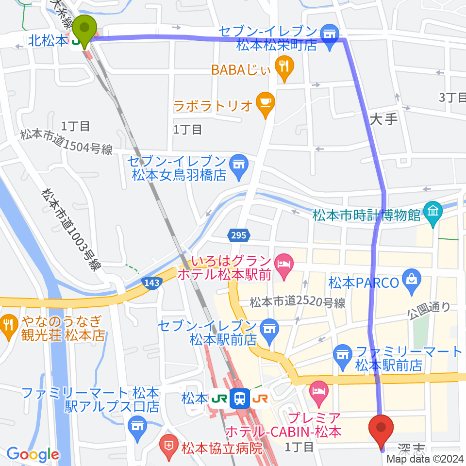 北松本駅から中村ギター音楽院へのルートマップ地図