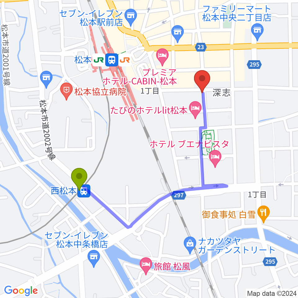 西松本駅から中村ギター音楽院へのルートマップ地図