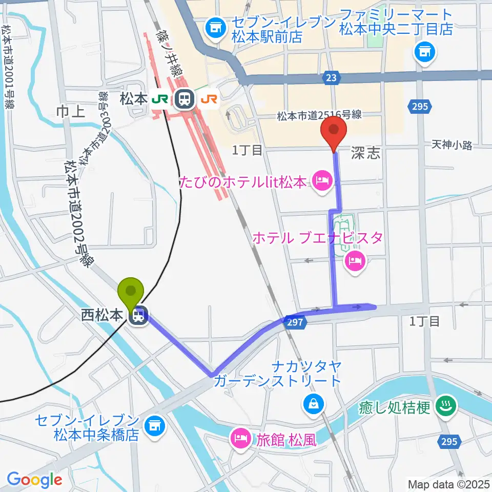 西松本駅から中村ギター音楽院へのルートマップ地図