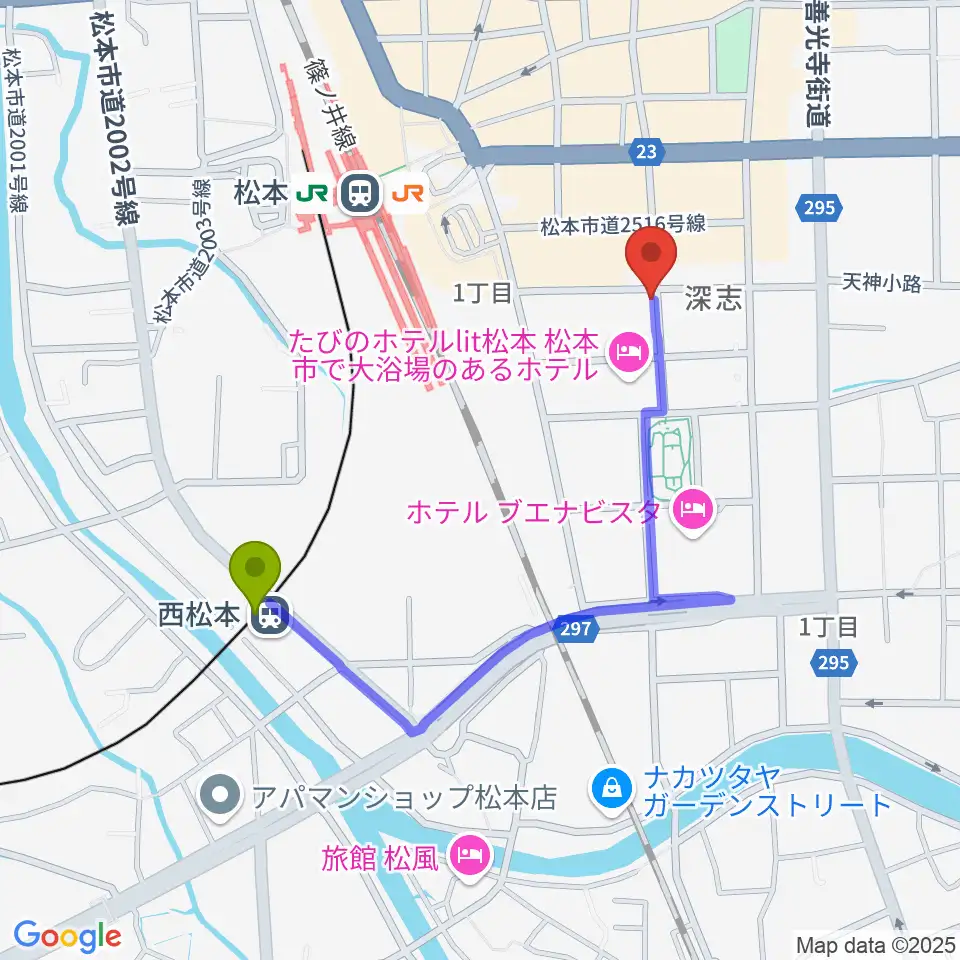 西松本駅から中村ギター音楽院へのルートマップ地図
