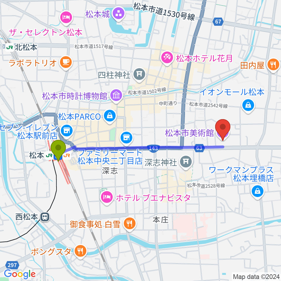 松本市美術館の最寄駅松本駅からの徒歩ルート（約18分）地図