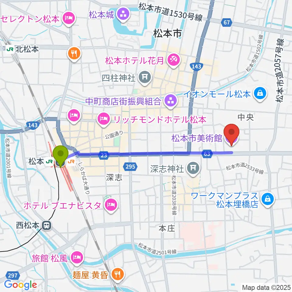 松本市美術館の最寄駅松本駅からの徒歩ルート（約18分）地図